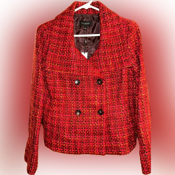 Talbots Jackets & Blazers - Talbots Women's Vibrant Red Tweed Pea Coat size 6 NWT